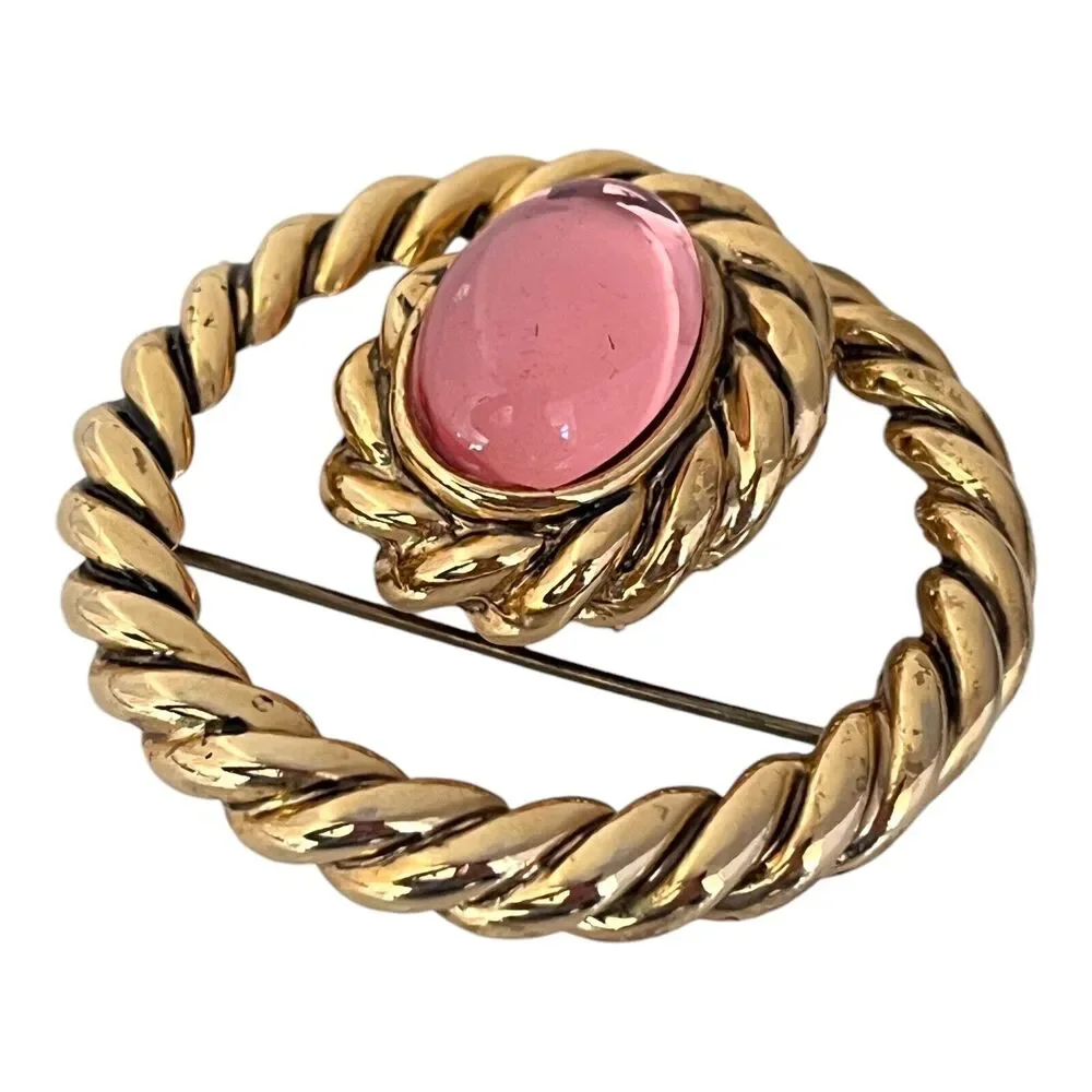 Vintage 1960s Gripoix Style Cabochon Brooch Pink Glass Gold Tone Rope Pin - 8U